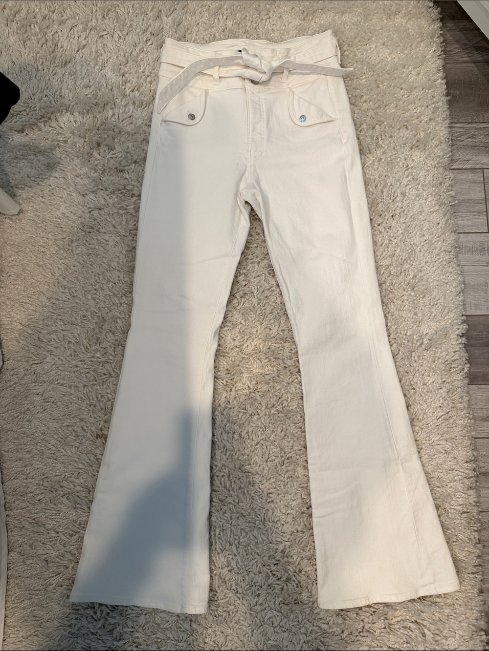 Veronica Beard High-Rise White Flared Pants with Waist Tie